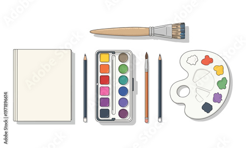 A flat lay showcases art supplies including watercolor paints brushes pencils and a sketchbook high quality professional