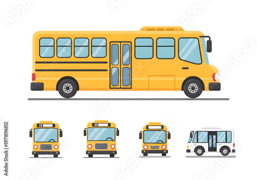 Collection of Yellow School Buses and One White Minibus Presented in a Flat Design Style for Educational or Transportation Concepts