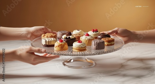 Hands holding a dessert cake stand.
