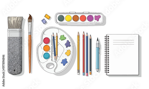 A colorful array of art supplies including brushes paints pencils and a sketchbook high quality professional detailed
