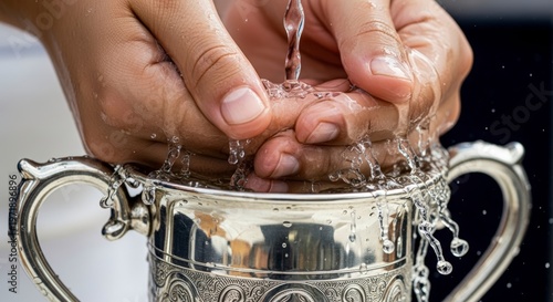 Hands washing cup with water.
