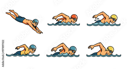 Swimming athletes in action sequence vector illustration