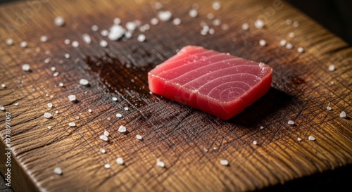 Raw Tuna Steak on Wooden Cutting Board.