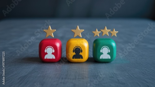 Customer service experience evaluation with colorful blocks golden stars and headphone use