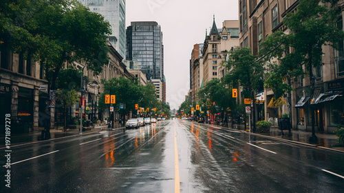 Downtown city street in contemporary North America with rain reflections and modern buildings