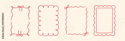 Border hand drawn line frame set. Hand drawn border line frame ribbon bow ornament vintage wedding card. Cute romantic valentine invite decoration elegant love poster design. Vector illustration