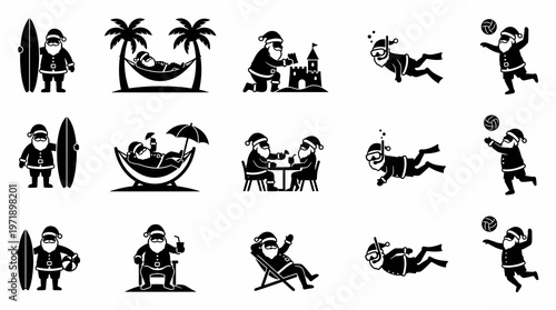 Black and White Silhouette Vector Set of Santa Claus Enjoying Beach Activities, Surfing, Scuba Diving, Volleyball, and Summer Christmas Vacation.
