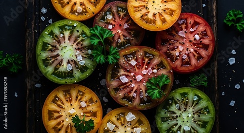 Artfully arranged vibrant heirloom tomato slices seasoned with fresh parsley, sea salt, and black pepper