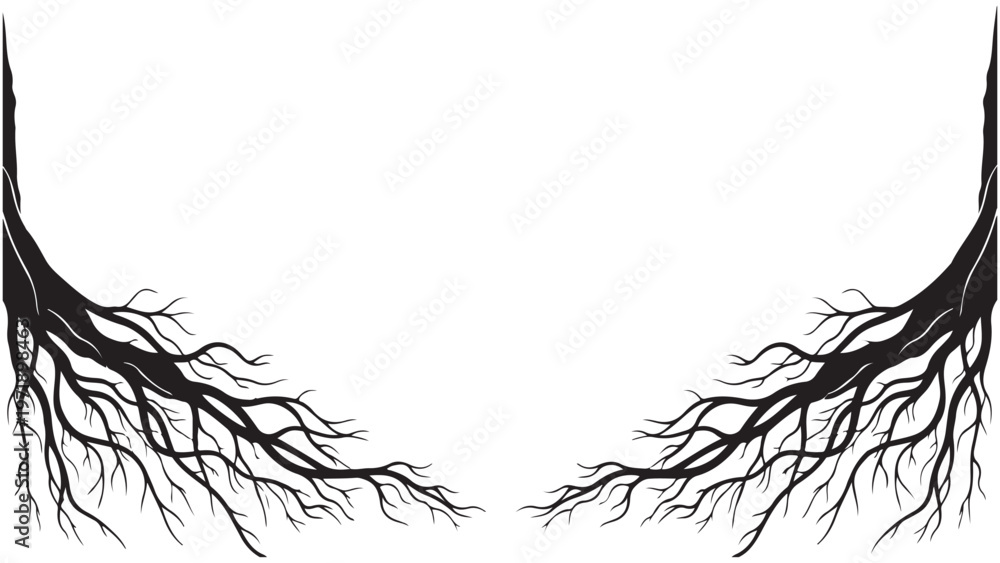 Fototapeta premium Intricate illustration of strong tree roots branching out on a white background, symbolizing growth and connection