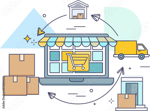 The seamless online shopping and logistics process, from warehousing to delivery, illustrated with a modern flat design