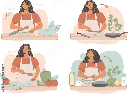 A vibrant collection of illustrations showcasing a woman joyfully preparing a homemade meal in her kitchen, highlighting the step-by-step process of healthy cooking with fresh ingredients