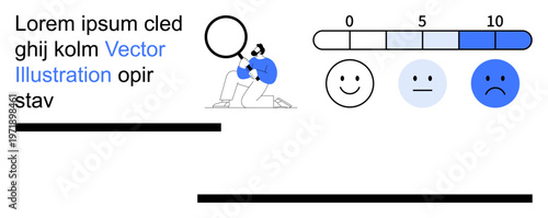 Customer feedback, user experience, data analysis, satisfaction rating, business evaluation, decision-making. Person examining data with emotion icons and a feedback scale. Customer feedback and user