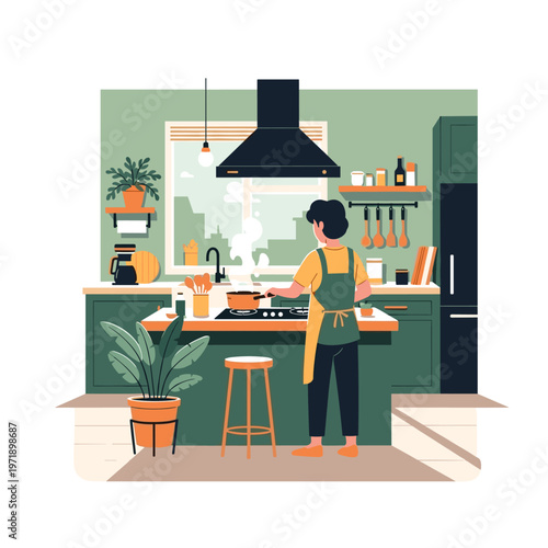 A person cooking in a modern, well-lit kitchen with green cabinets and potted plants.