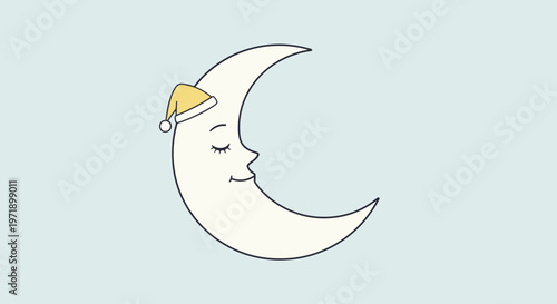 A smiling crescent moon wearing a sleep mask.