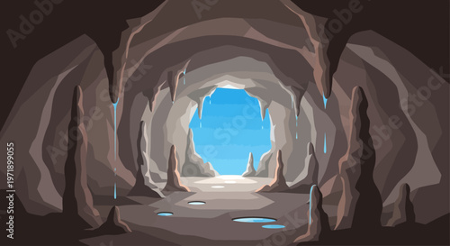 A cave tunnel with a bright blue exit.