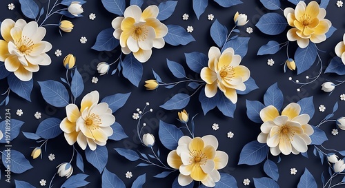 Charming floral arrangement with yellow and white blooms and blue foliage on dark navy fabric