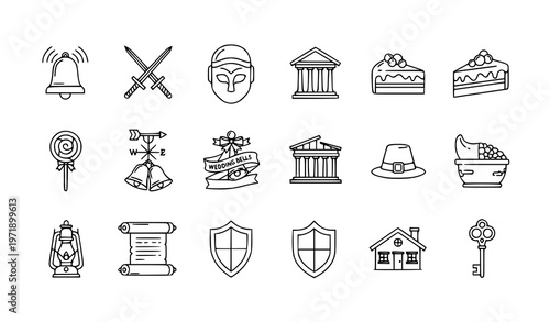 Minimal monoline traditional icons set with parthenon bell sword pilgrim and vintage cultural objects
