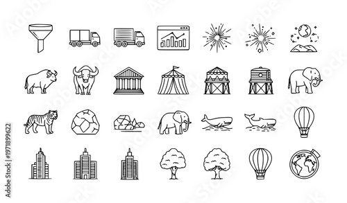 Minimal monoline big scale icons set with elephant truck parthenon whale and large objects isolated on white