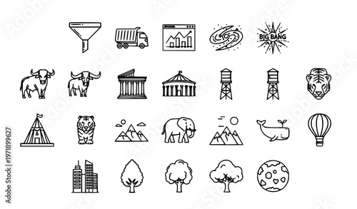 Modern big themed icon set in circular layout with elephant tiger truck parthenon and cosmic elements