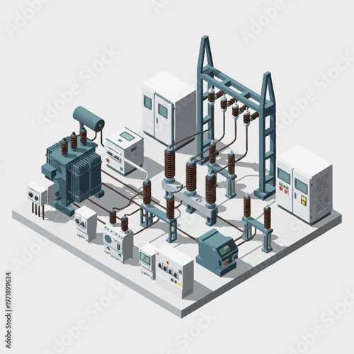 Isometric industrial power distribution electrical substation.