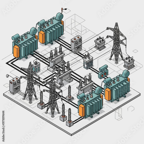 Industrial power distribution electrical substation equipment layout.