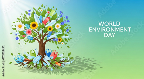 Vibrant tree with flowers and birds on world environment day with sunny green blue background