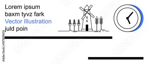 Agriculture, sustainability, rural lifestyle, time management, nature concepts, and productivity. Windmill with trees and crops beside a clock. Agriculture and sustainability creatively