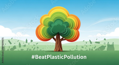 Vibrant tree with colorful leaves standing strong against plastic pollution background