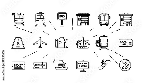 Modern passenger transport icon set in circular layout with metro bus airplane train and suitcase symbols