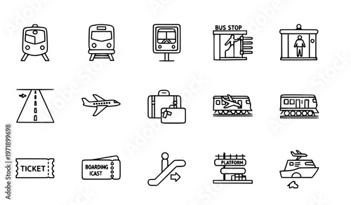 Passenger transport outline icons set with metro bus airplane train suitcase and travel symbols