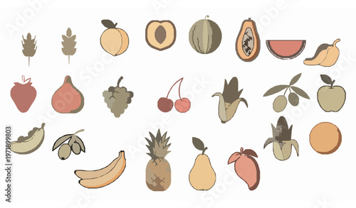 Modern ripe fruit icon set in circular layout with wheat peach watermelon strawberry and crops