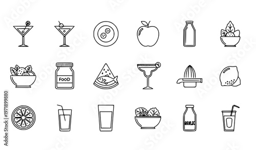 Fresh food and drink outline icons set with apple lemon watermelon cocktails and healthy items