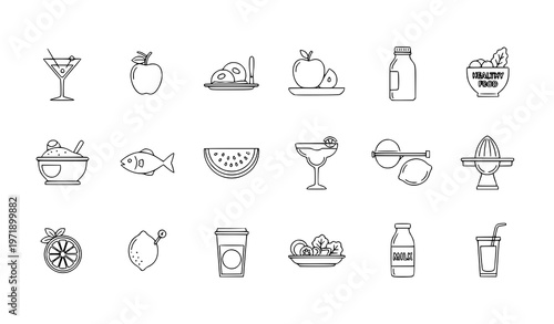 Minimal monoline fresh food icons with apple lemon watermelon cocktails and healthy meals