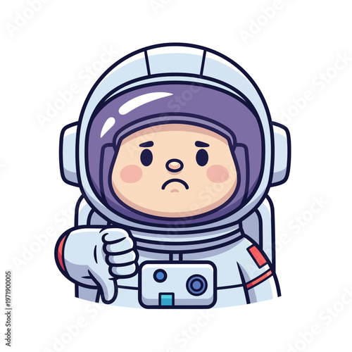 Sad astronaut showing thumbs down gesture in space suit.