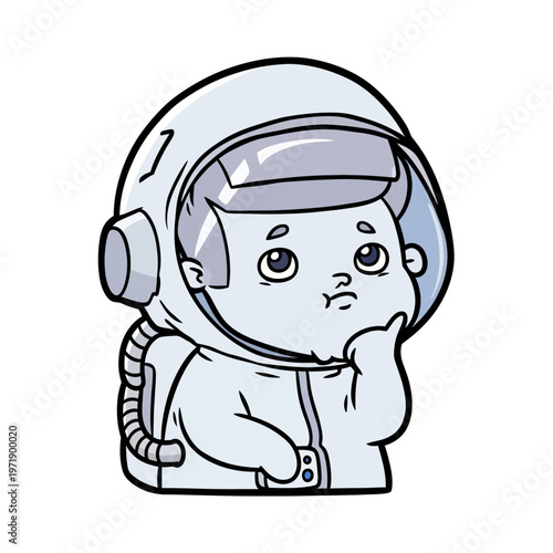 Cartoon Astronaut Thinking in Space Helmet.