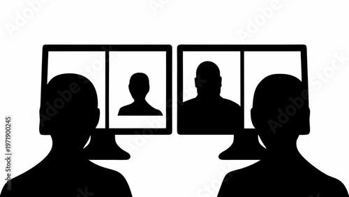 Black silhouettes of people in online meeting on computer screens with colleagues