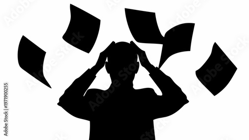 Overwhelmed office worker in black silhouette with papers flying around stressed