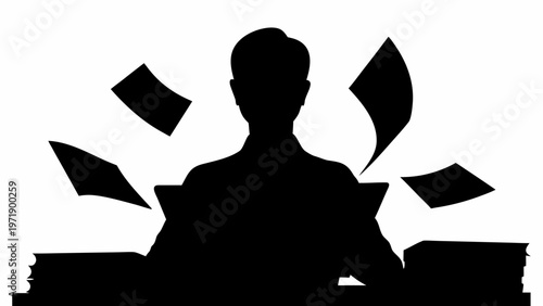 Overwhelmed office worker silhouette with papers flying around stressed employee
