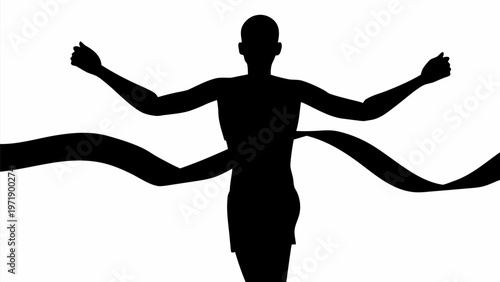 Athlete crossing finish line with arms raised in victory and ribbons flowing behind