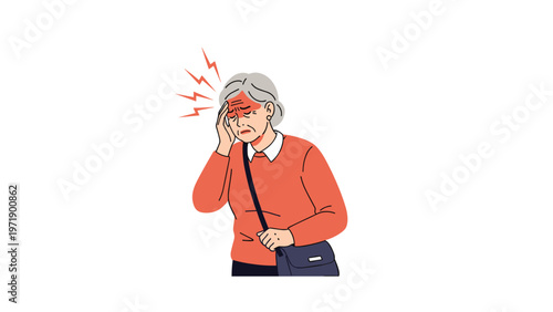 Elderly woman suffering from a painful headache or migraine holding her hand to her head with red zigzag stress lines above her.