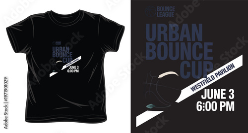 Urban bounce cup basketball league event design on black t-shirt with modern graphic