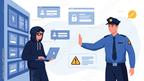 Illustration showing a police officer in uniform stopping a hooded hacker with a laptop to represent cybersecurity and online protection.