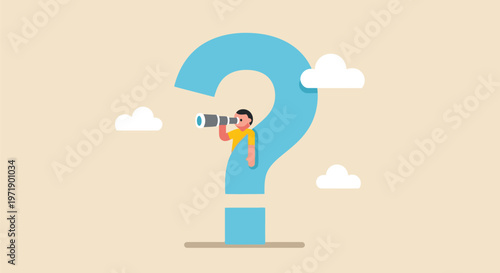 Man in yellow shirt standing inside a large blue question mark using a telescope to look into the cloudy distance sky.