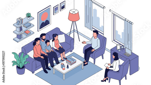 Isometric illustration of a family including parents and children having a counseling session with a professional therapist in a modern office.