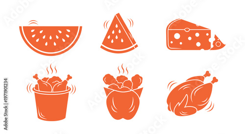 Fresh fruit and poultry icons featuring watermelon slices and savory fried chicken with gourmet cheese for a diverse food collection set.