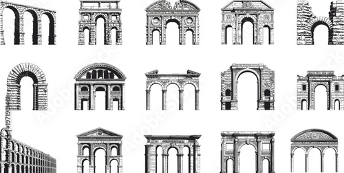 Ancient Roman Arch And Aqueduct Vector Icon Set Featuring Classical Stone Architecture Ruins Triumphal Monuments And Historical Landmarks.