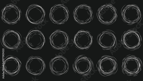 Collection of fifteen abstract white circle swirl patterns and vortex shapes with hand-drawn textures on a solid dark black background.