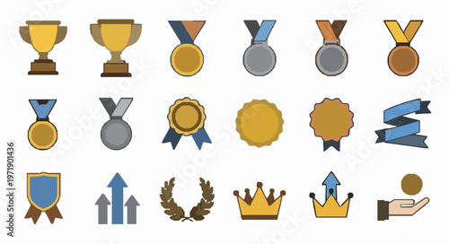 Stylized rewards achievement solid glyph vector icon set EPS10 isolated on white