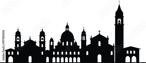 Black vector silhouette illustration of an old european city skyline with historic churches domes and tall bell towers