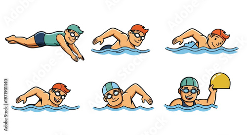 Swimming athletes in various poses cartoon illustration